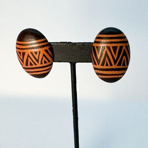 Tribal Wood Earrings Oval Shield Hand Painted Vintage Geometric Brown Pattern
